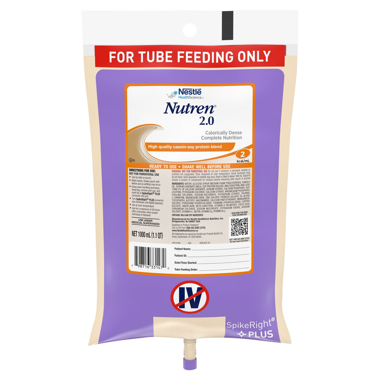 Nutren® 2.0 1000mL Ready to Hang Tube Feeding - 6/Case - Medical Supply Surplus