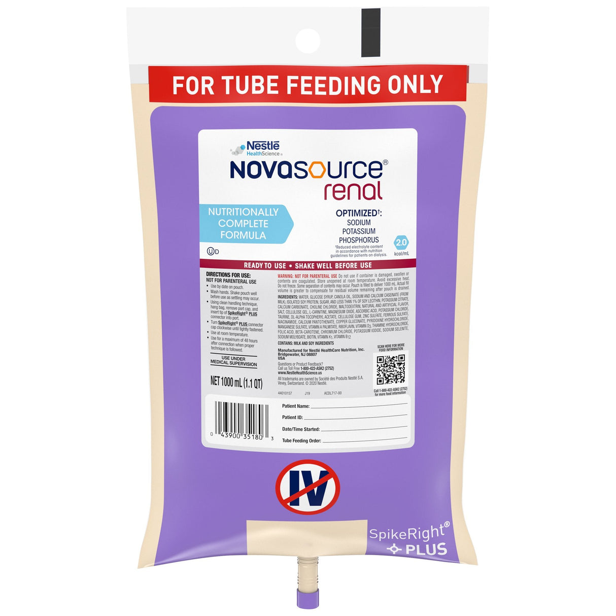 Novasource® Renal 1000mL Ready to Hang Tube Feeding Formula - 6/Case - Medical Supply Surplus
