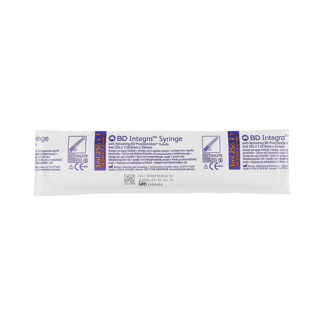BD Integra 3 mL safety syringe 25G x 1 inch, 305270, box of 100