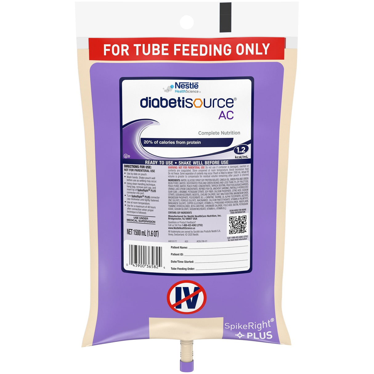 Diabetisource® AC 1500mL Ready to Hang Tube Feeding Formula -  4/Case - Medical Supply Surplus