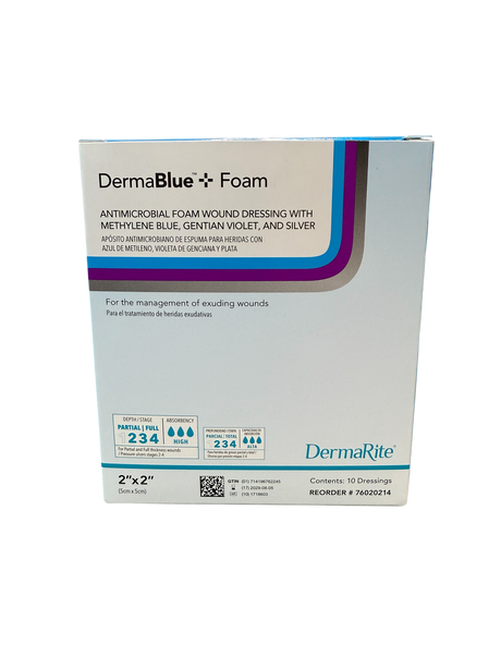 DermaBlue+™ Foam 2x2 Wound Dressing - Box of 10 - Medical Supply Surplus