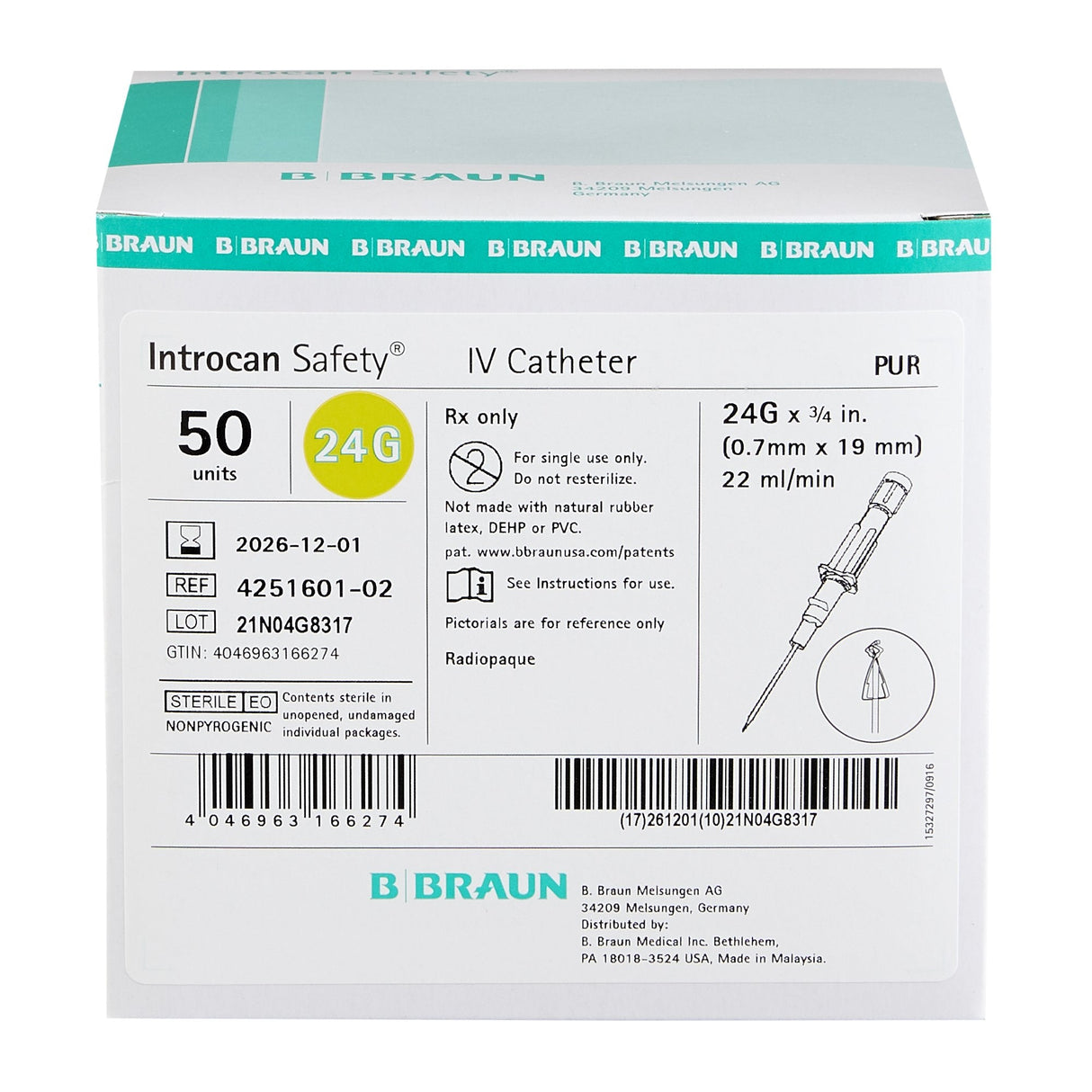 Introcan Safety® 24 Gauge 0.75 Inch Peripheral IV Catheter - Medical Supply Surplus